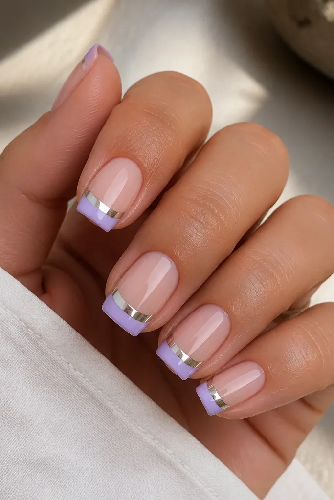 Square nails with a sheer nude base. French tip is lavender, and only the center portion of the lavender band is coated with silver chrome, leaving lavender at the outer edges.