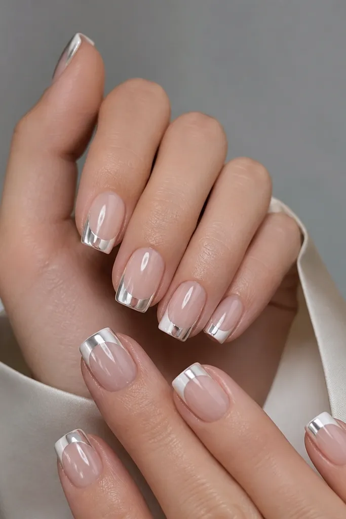 Square nails with a sheer nude base. French tip is white and chrome on the left and right corners, but there's a clear nude gap in the center of the smile line. Mirror chrome reflects on both sides.