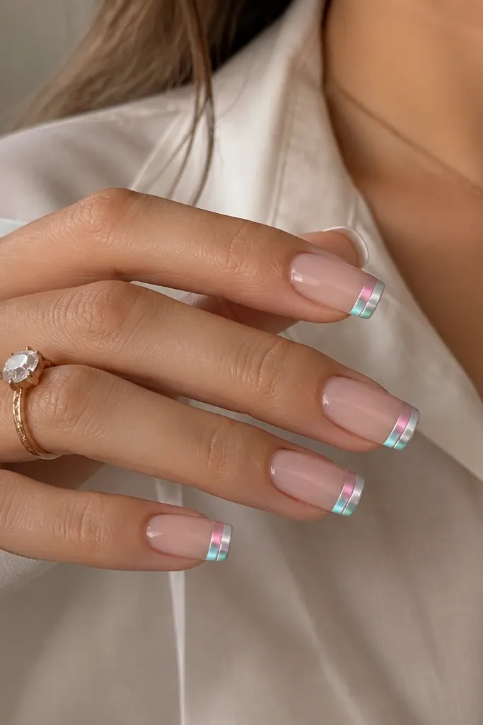Square nails with nude base. French tips are split into three horizontal color blocks: white, pink, and mint. Each block has chrome coating, creating a multicolor mirror effect across the tip.