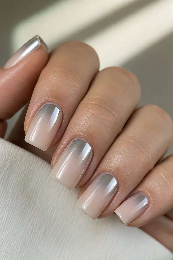 Square nails with a nude base that fades into white near the tip. The topmost portion of the white area is coated in silver chrome, leaving the lower fade softer and non-chrome.