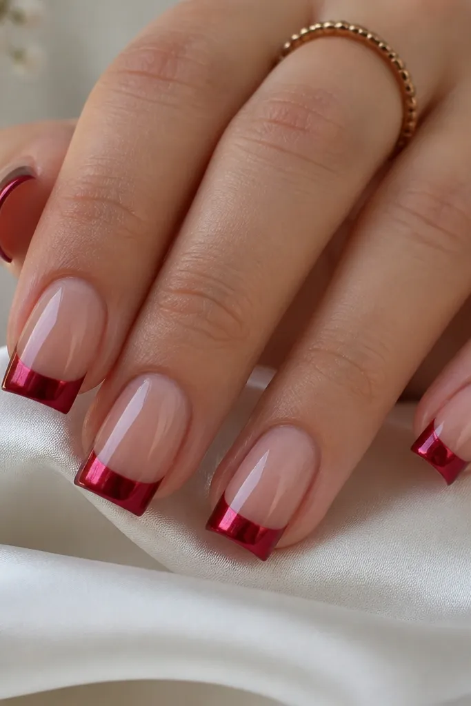 Square nails with sheer nude base. French tip is a deep red, and chrome over it reflects as dark ruby with mirror shine. The line is crisp at the corners.
