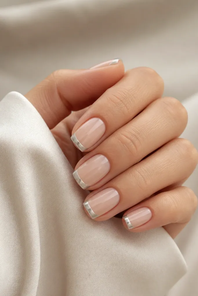 Square nails with a nude base and a thin white French line. The French area is coated with chrome but finished with a matte top coat, making the chrome look like soft satin rather than mirror.
