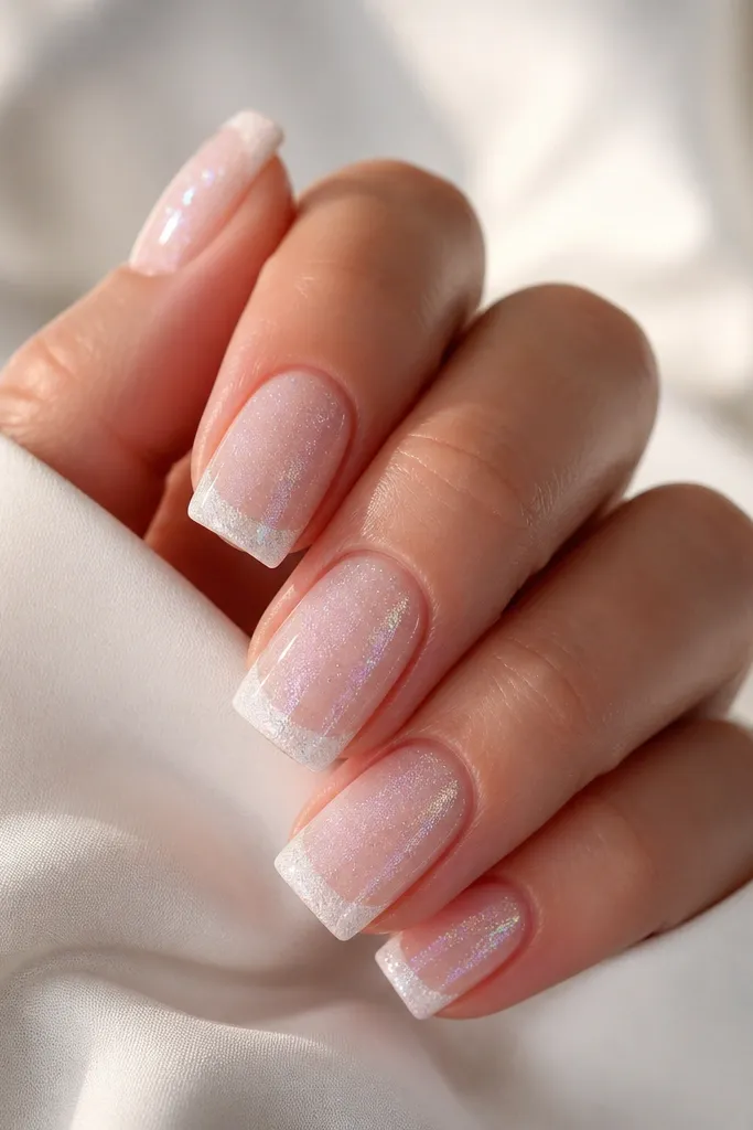Square nails with a nude base. French tip is glittery white gel, and a light dusting of chrome powder gives micro sparkle that flashes as you move your hand.