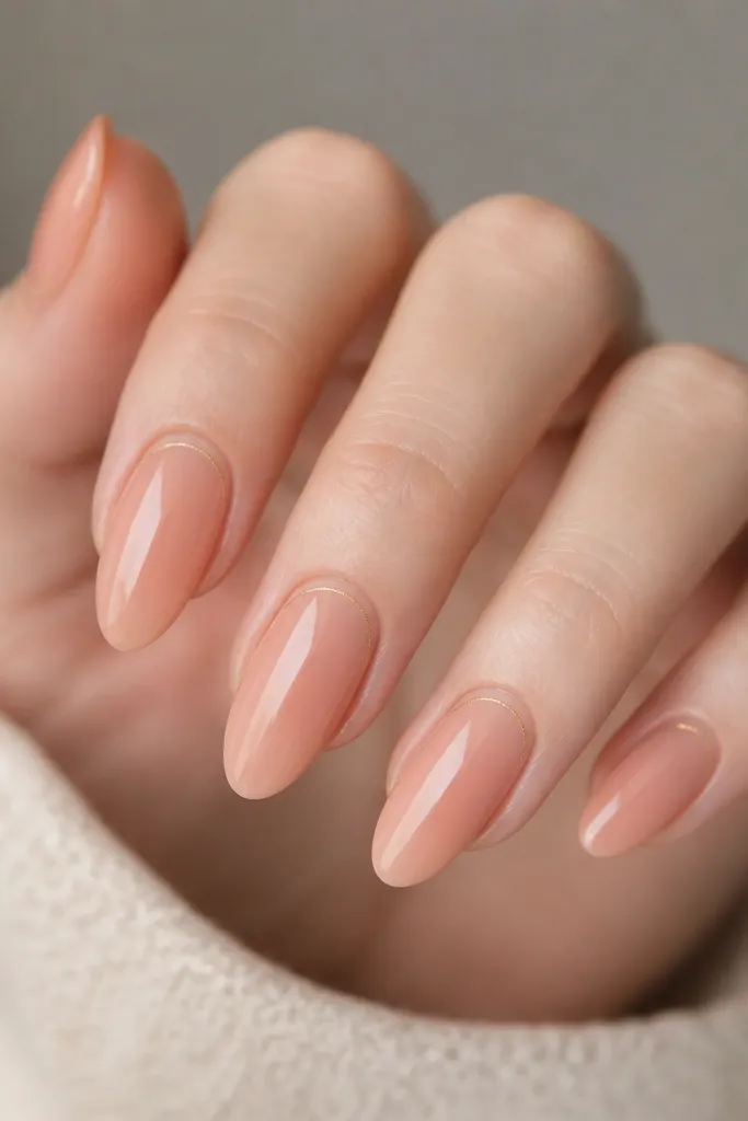 Almond nails with a peach jelly wash over the whole nail. A single ultra-fine gold microline runs along the inner curve near the cuticle and fades toward the sides. Glossy finish.