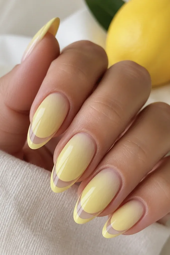 Almond nails painted with a pale iced lemon gradient. The smile line near the tip is left clear/negative space, bordered by a thin lemon outline. Glossy, bright reflection.