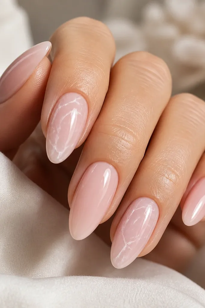 Almond nails in pale rose quartz pink. One or two nails show thin white-pink shimmer veins like quartz cracks, under a smooth glossy finish.