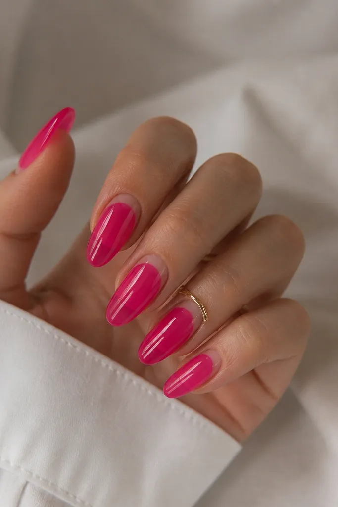 Almond nails with hot pink jelly color. Around the cuticle there is a clear halo ring leaving the base transparent. Glossy shine and clean cuticle line.