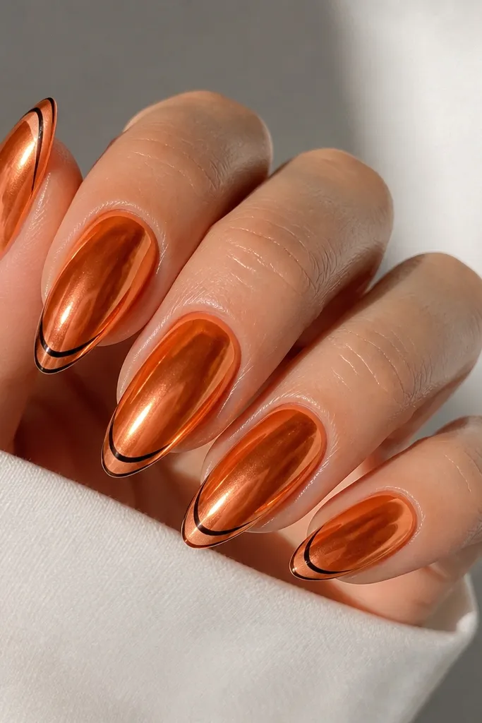 Almond nails coated in tangerine chrome with a mirror-like shine. Each nail has a thin black outline curve near the tip, like a minimalist frame.