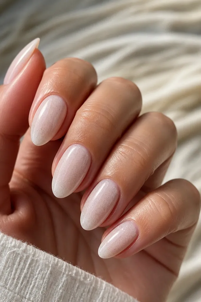 Almond nails in sheer nude with a cool undertone. Tiny white micro speckles are scattered lightly over the mid-nail, like salt on skin. Glossy top coat.