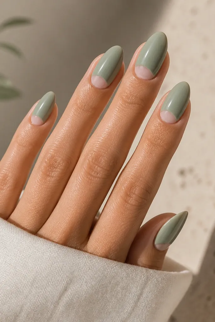 Almond nails in soft sage green. A half-moon shape near the cuticle stays clear (negative space), creating a crisp crescent. Smooth glossy finish.