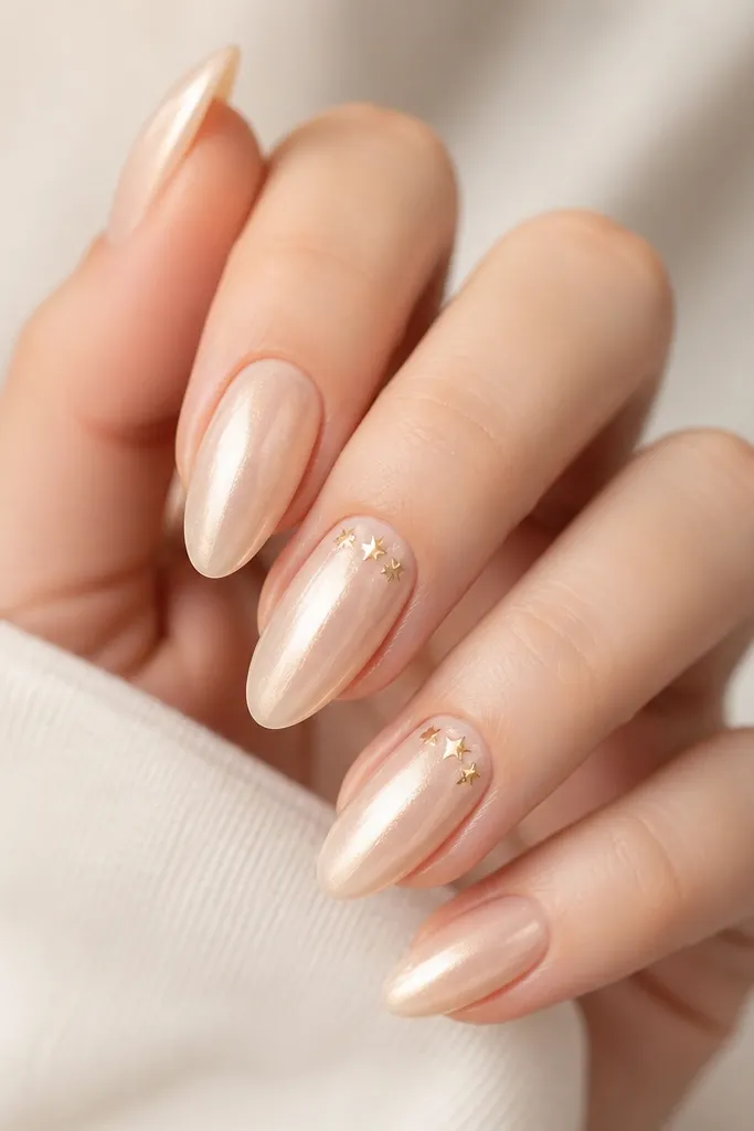 Almond nails coated in champagne pearl. On two nails, tiny gold star confetti sits near the cuticle, with a smooth glossy top coat.