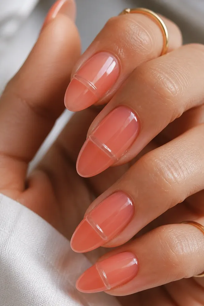 Almond nails in coral sorbet jelly. A glossy waterline band curves at the mid-to-lower nail in clear gel, making a raised shiny stripe. High shine.