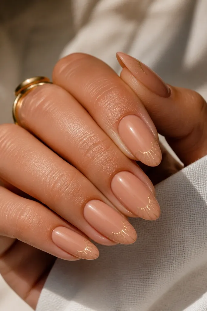 Almond nails in warm sunkissed nude. Along the outer edge of the tip there is a sunburst pattern in tiny gold lines radiating outward. Glossy top coat.