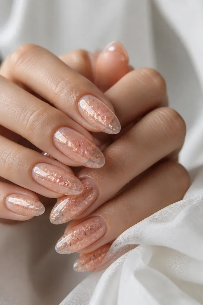 Clear sheer almond nails with peach foil flakes suspended under a thick glossy top coat. Flakes are denser near the center and lighter toward the tip.