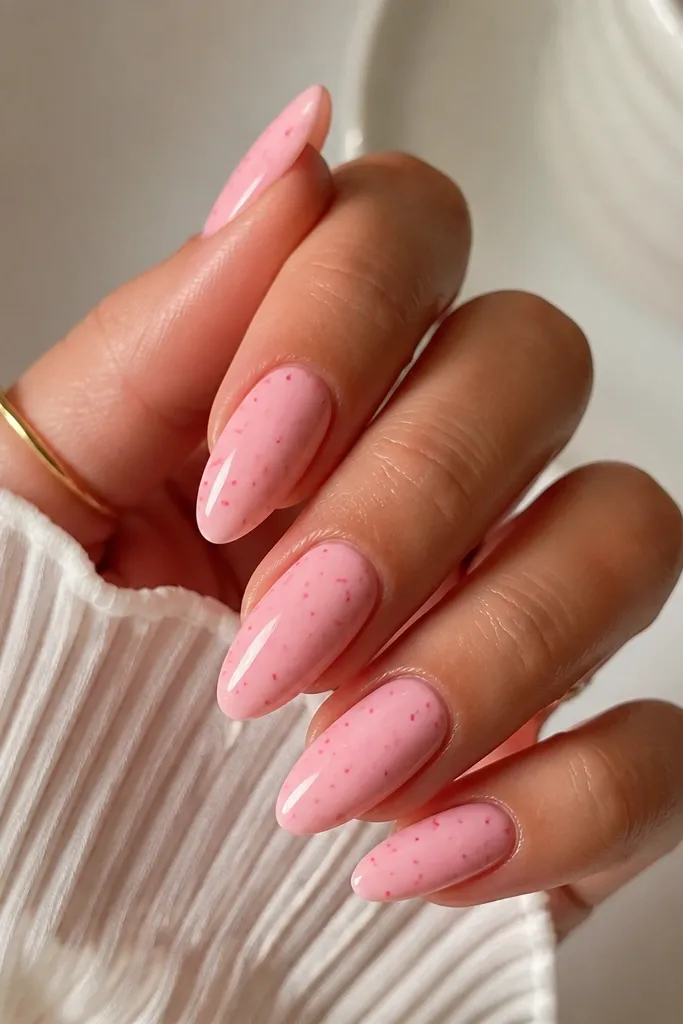 Almond nails in strawberry milk pink. Tiny darker pink dots are scattered in a loose pattern around the mid-nail. Very glossy top coat.