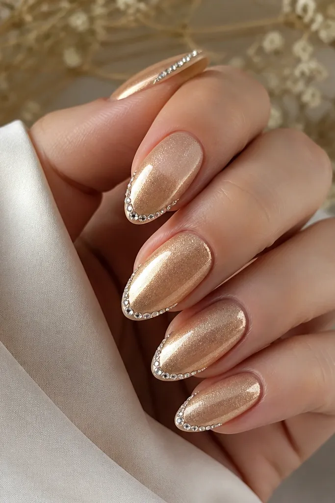 Almond nails coated in champagne gold shimmer. Along the very edge of the tip runs a thin line of small clear crystals, neatly spaced. Glossy top coat.
