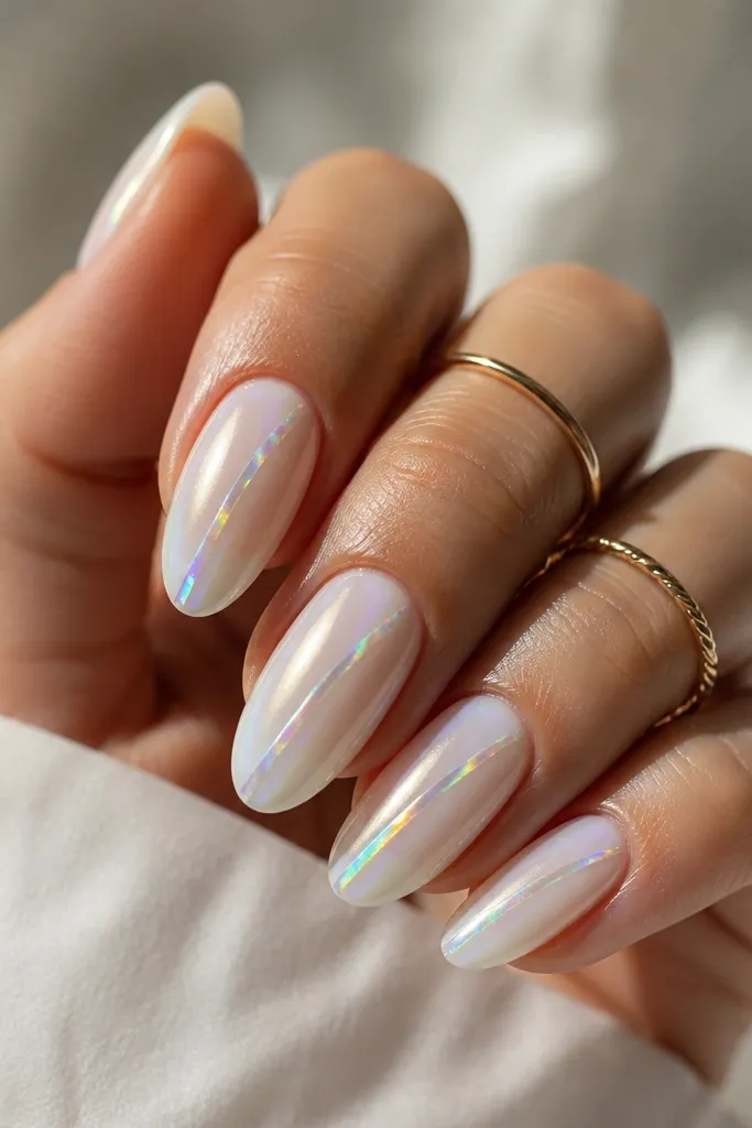 Almond nails painted pearl white. A single iridescent holo stripe runs diagonally from near the cuticle toward the tip, shimmering rainbow under light. Glossy finish.