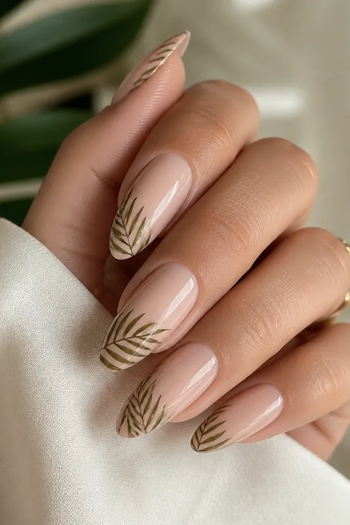 Almond nails with a nude base. Thin palm leaf outlines in tropical green sit on the side of the nail, with tiny line details. Glossy finish.