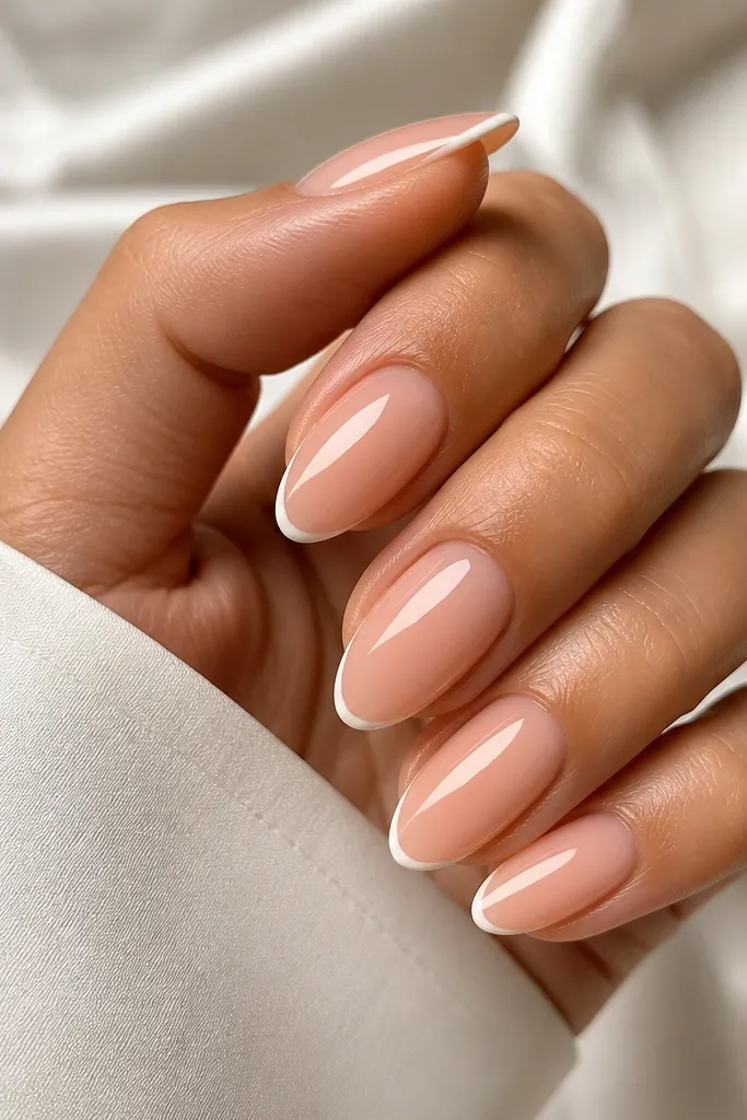 Almond nails in a glossy milky peach base with a super thin white French line only at the very tip; tiny clear negative space strip near the sidewalls; clean cuticle line.