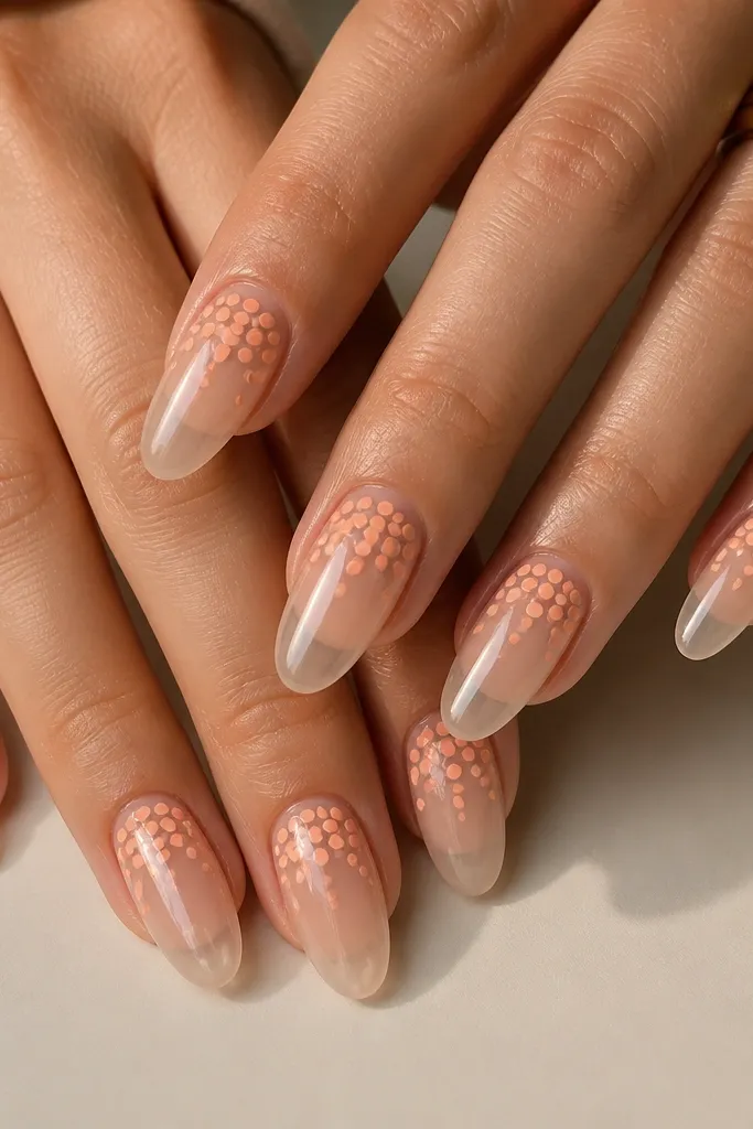 Glossy clear or jelly nude almond nails with a small group of 3 peach dots floating around the upper third; no other decoration.