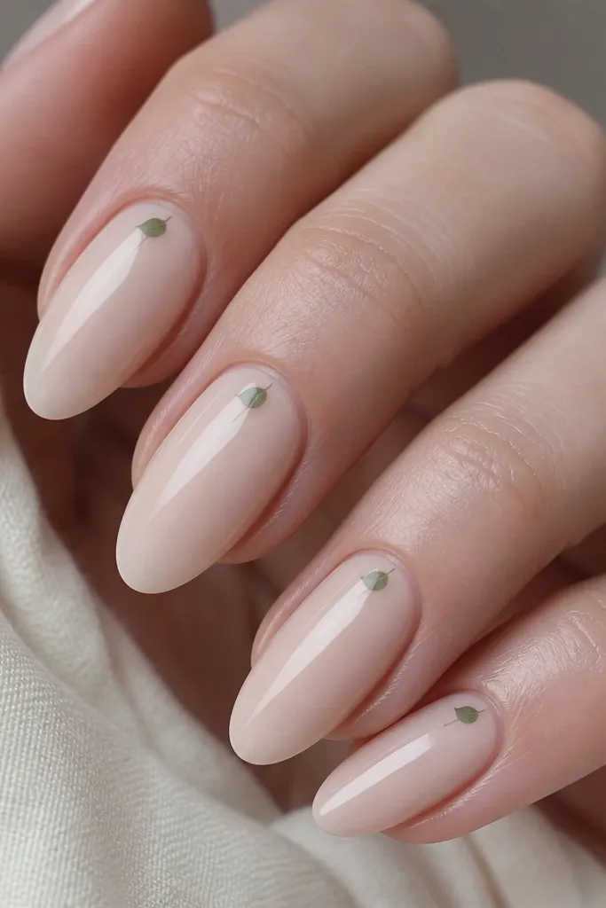 Glossy milky nude almond nails with a single tiny green leaf painted near the side of the upper third; everything else is plain and clean.