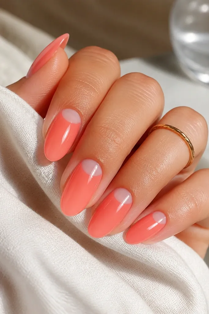 Glossy soft coral sheer almond nails with a crisp negative space half-moon near the cuticle; the rest is coral translucent.