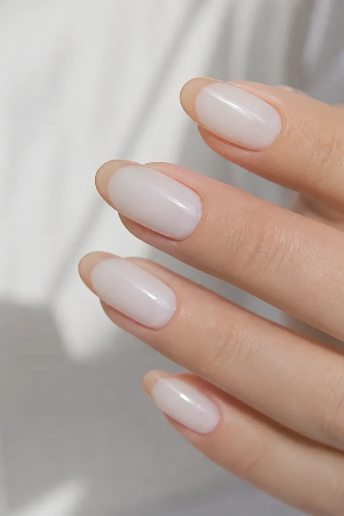 Glossy white jelly almond nails with nude-tinted free edge tips; the tips are thin and blended, leaving the rest milky white.