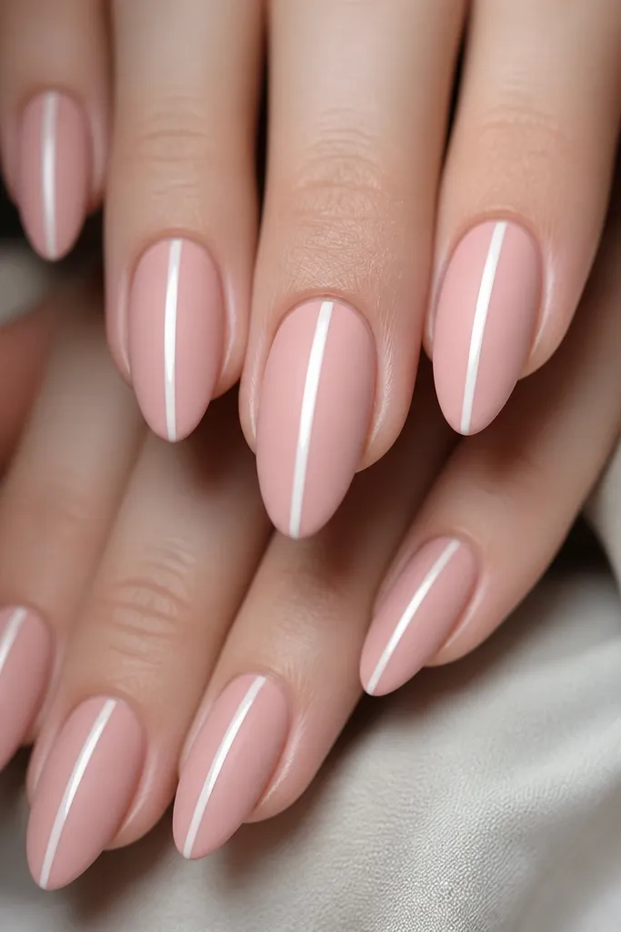 Matte milky pink almond nails; one crisp glossy white stripe runs vertically down each nail center, reflecting light sharply.