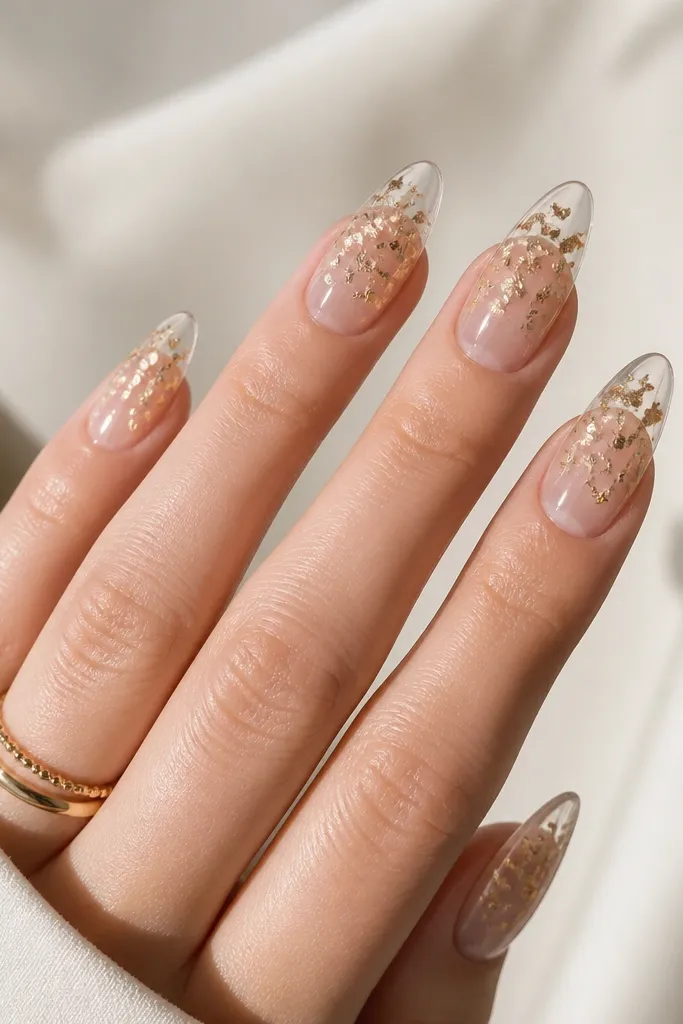 Clear jelly almond nails with tiny gold foil speckles clustered near the upper third; rest is transparent and glossy.