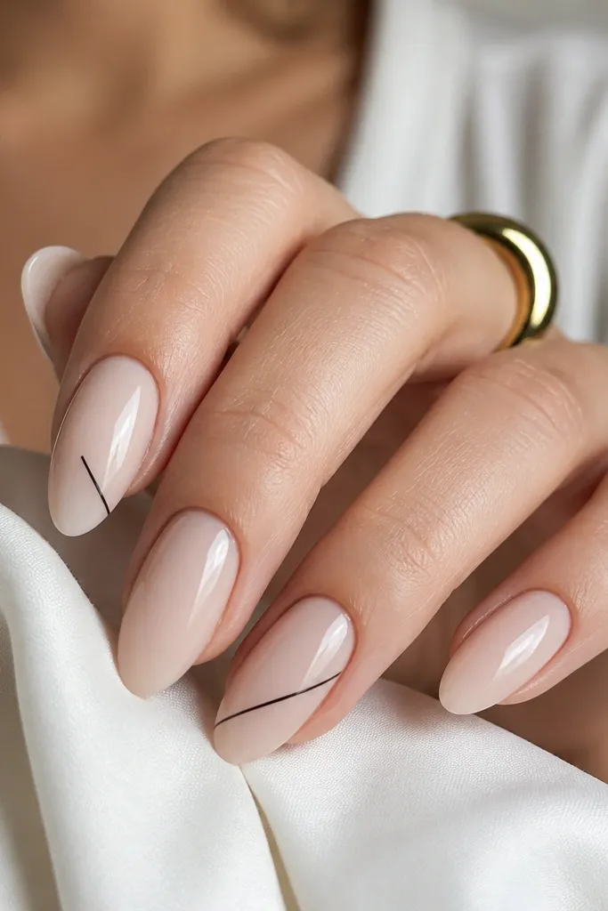 Glossy milky nude almond nails with a single thin black diagonal line crossing from mid-side toward the tip on alternating nails; other nails are plain.