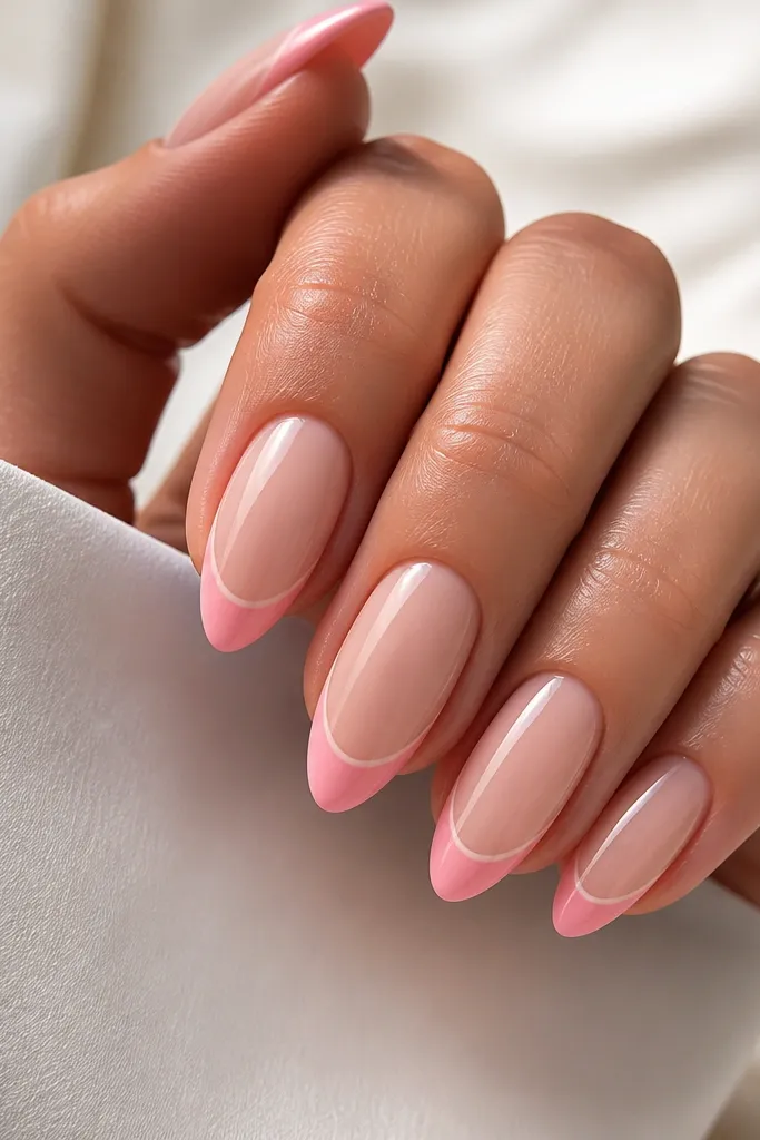 Glossy nude almond nails with a very thin gradient at the tip: soft peach blending into pale pink, with a clean edge line separating from the nude base.