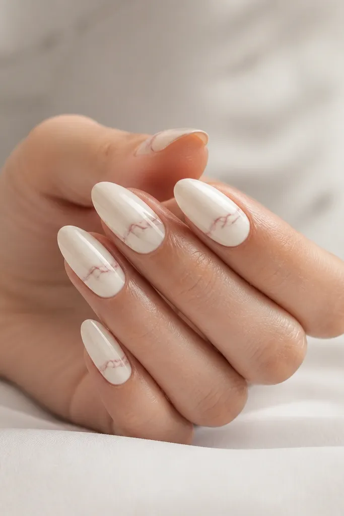 Creamy white glossy almond nails with a single thin rose-pink line that looks like marbled veining on the upper third; rest is plain.
