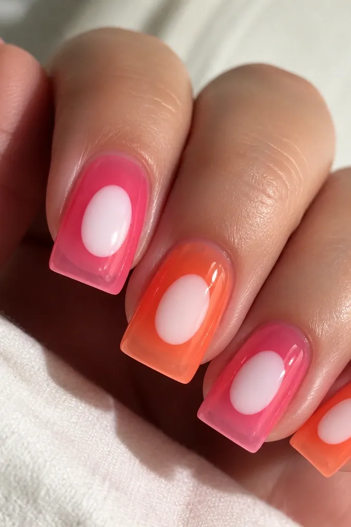 Four square nails shown close-up on a light skin hand. The base is translucent neon jelly pink and orange, with a solid white oval shape centered near the middle of each nail. The top coat is glossy and the corners look sharp, not rounded.