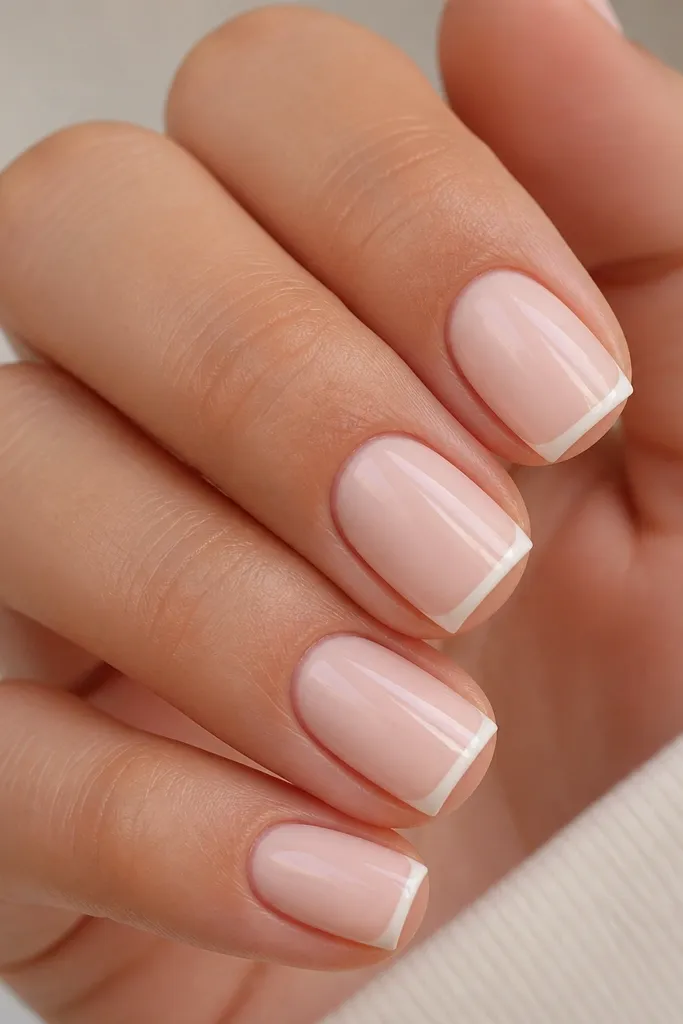 A close-up of square nails with a milky peach base. The tips have a very thin French line in soft white, about 1 mm wide, staying inside the flat edge. The nails are glossy and the cuticles are clean.