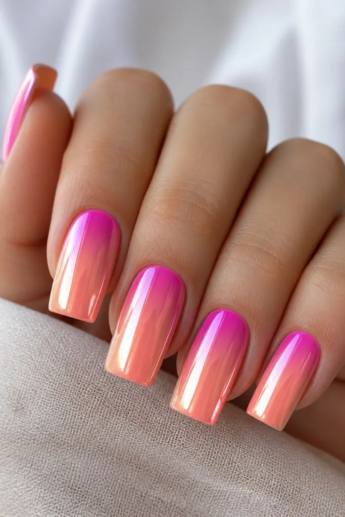 Square nails with a smooth chrome gradient. The cuticle area is bright pink-chrome, fading into warm peach-chrome at the center and tip. The finish is mirror-like and catches light in sharp streaks.