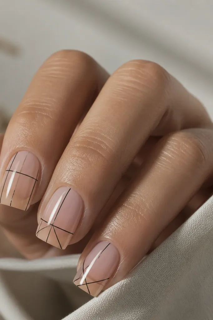 Square nails with nude sheer base. Thin black lines form a grid and diagonal shapes, leaving parts of the nail bare. The lines are crisp and the top coat is glossy.