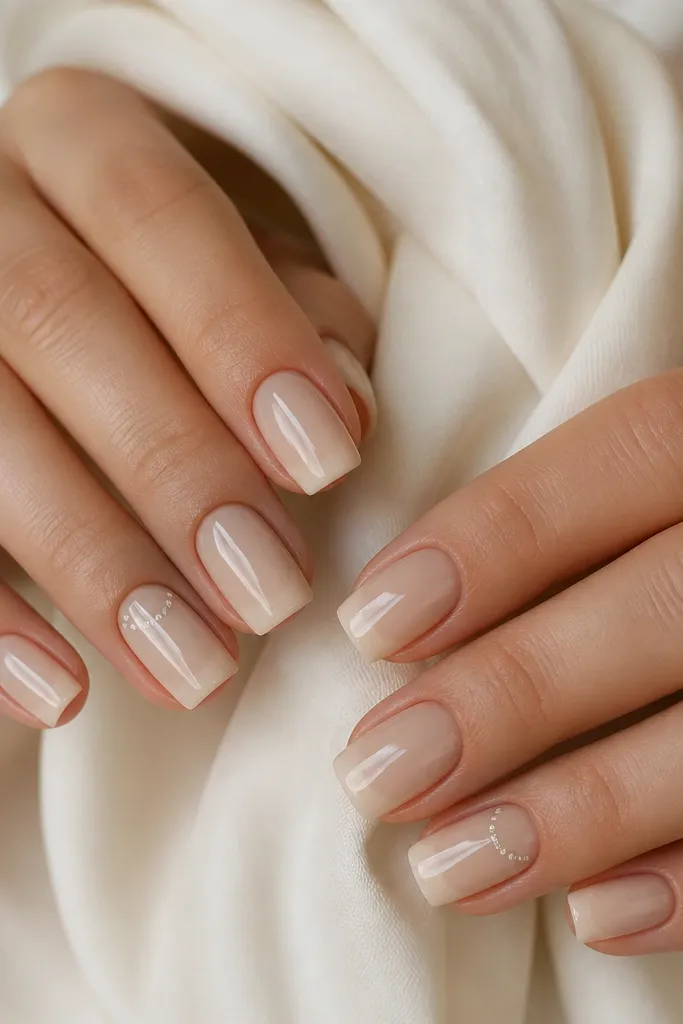 Square nails with a warm beige base. The tips have a soft French fade in slightly lighter beige. Each ring finger has a row of tiny white dots near the smile line, and the nails are glossy.