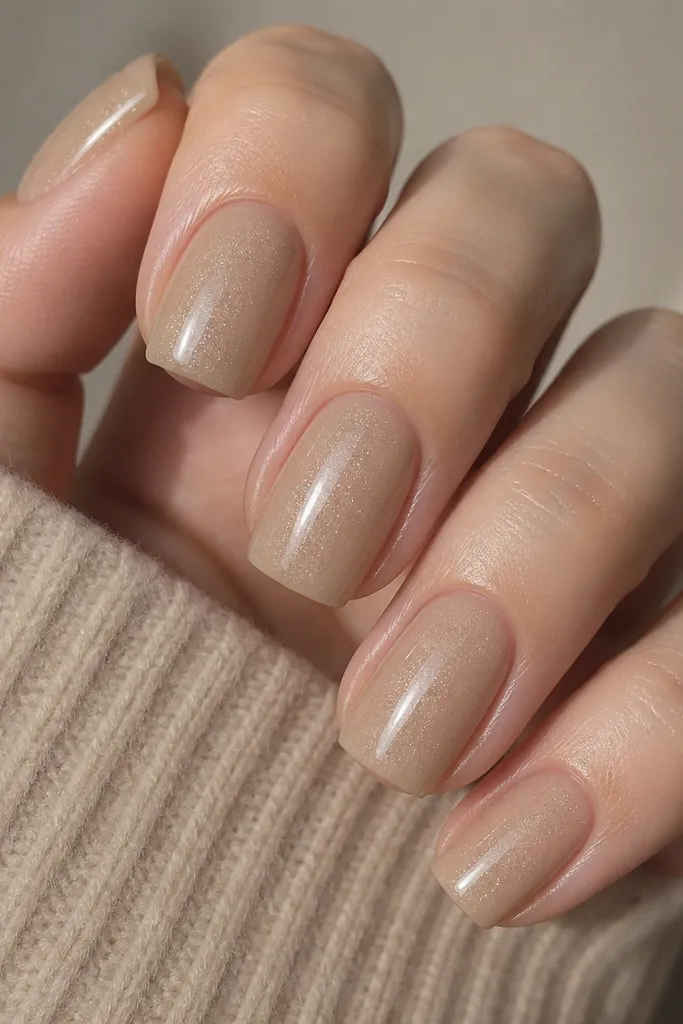 Square nails with a cool beige nude base. There is a fine, barely-there shimmer that catches light, especially near the center. The finish is glassy and the cuticles are sharply cleaned.