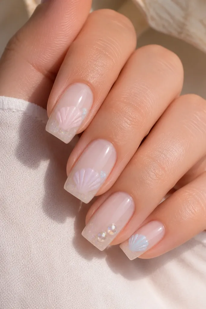 Square nails with a sheer milky base and pastel shell motifs. Small iridescent studs sit near the ring finger tips, and the rest of the nails have subtle sparkle. The nails are glossy with raised details kept low.