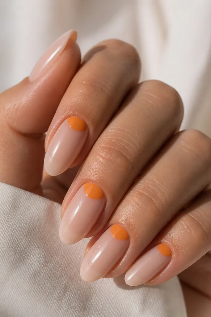 Almond nails with a nude sheer base, a crisp tangerine half-moon at the cuticle, and a glossy finish; the half-moon curves neatly under the cuticle line.