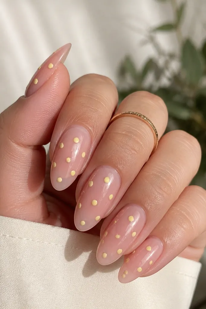 Almond nails with a clear pink base and scattered tiny lemon-yellow dots, varying in size, with a glossy top coat that makes the dots look raised.