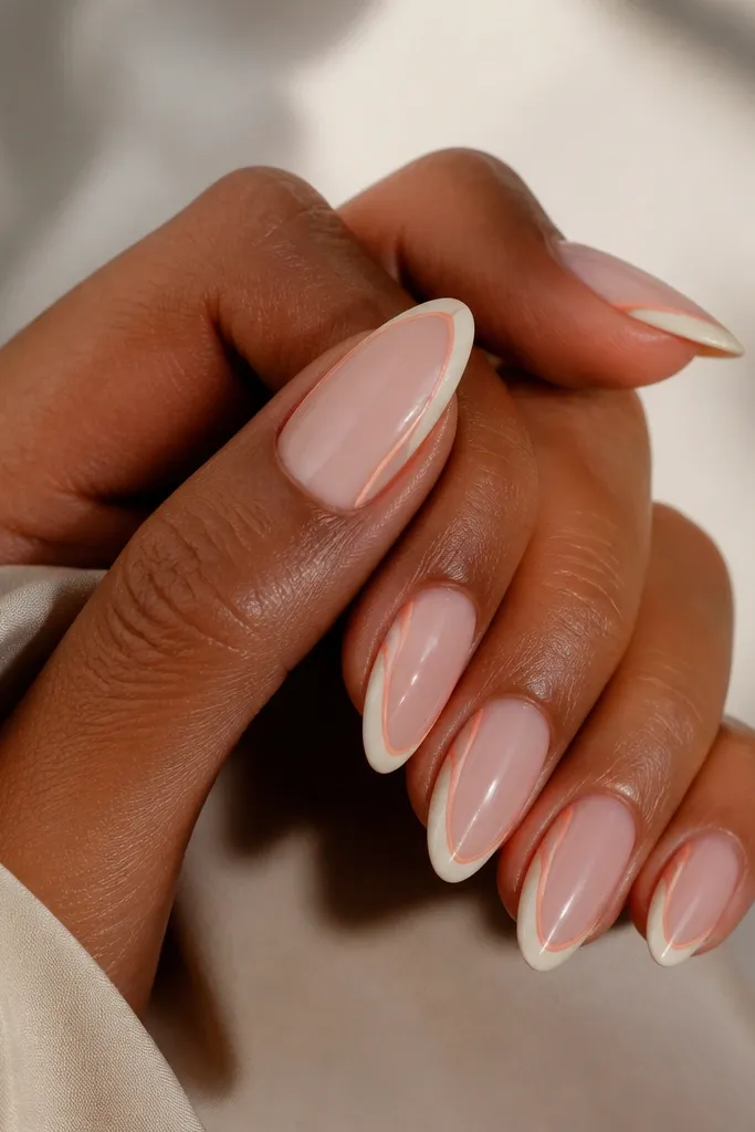 Almond nails with a thin white-vanilla French tip, and two slim peach lines running down each side of the nail from near mid-length, glossy finish.
