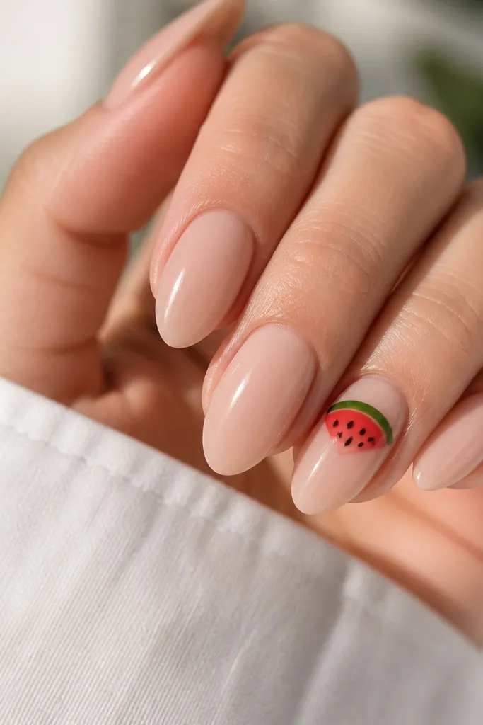 Nude almond nails with one accent nail showing a small watermelon slice: green rind at the top, red center, and tiny black seeds; other nails are plain nude with glossy finish.