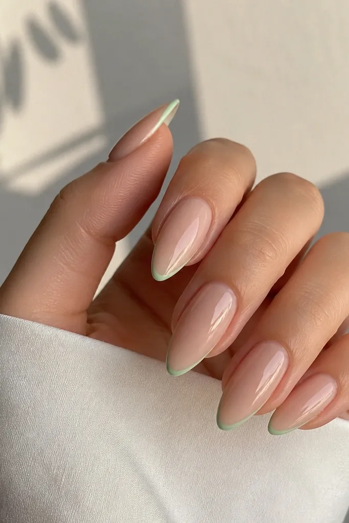 Almond nails with a sheer nude base and a thin mint green stripe line running along each tip edge; stripes are narrow and centered, glossy finish.