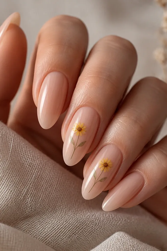 Almond nails with a nude base and tiny sunflower line art on two nails: small yellow petals around a dot center, with green stems; glossy finish.