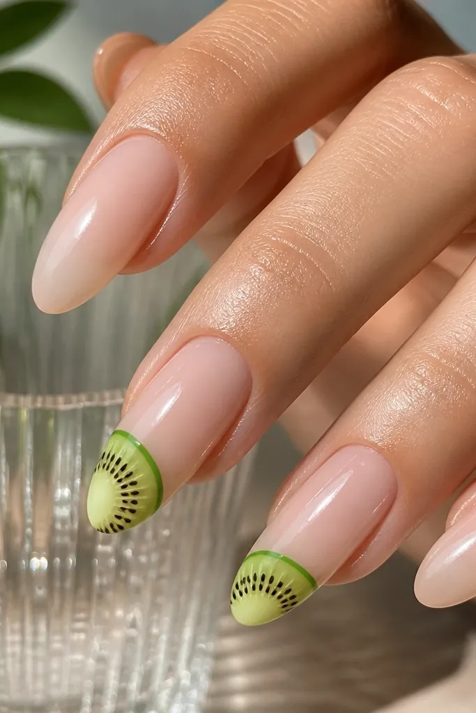 Almond nails with clear nude base; two nails show kiwi slices at the tip with green rind outline, lighter green center, and tiny black seeds; glossy finish.