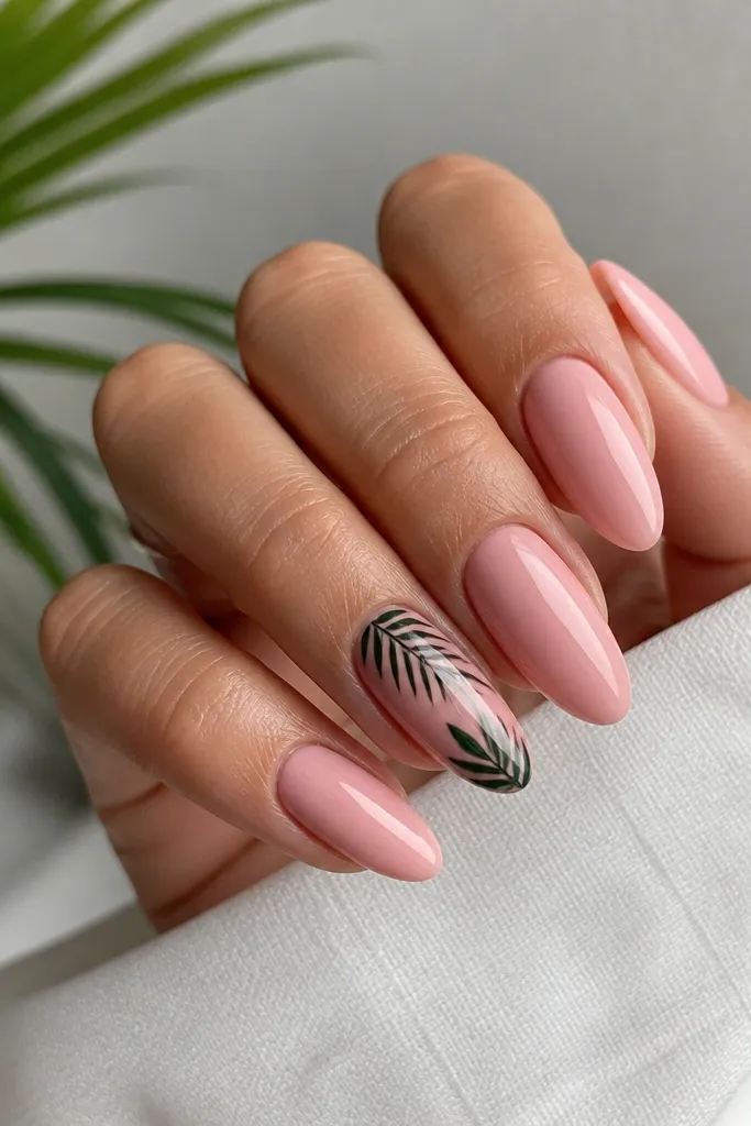 Almond nails in a soft pink base; one accent nail shows a black palm leaf silhouette with a few green accents, glossy finish.