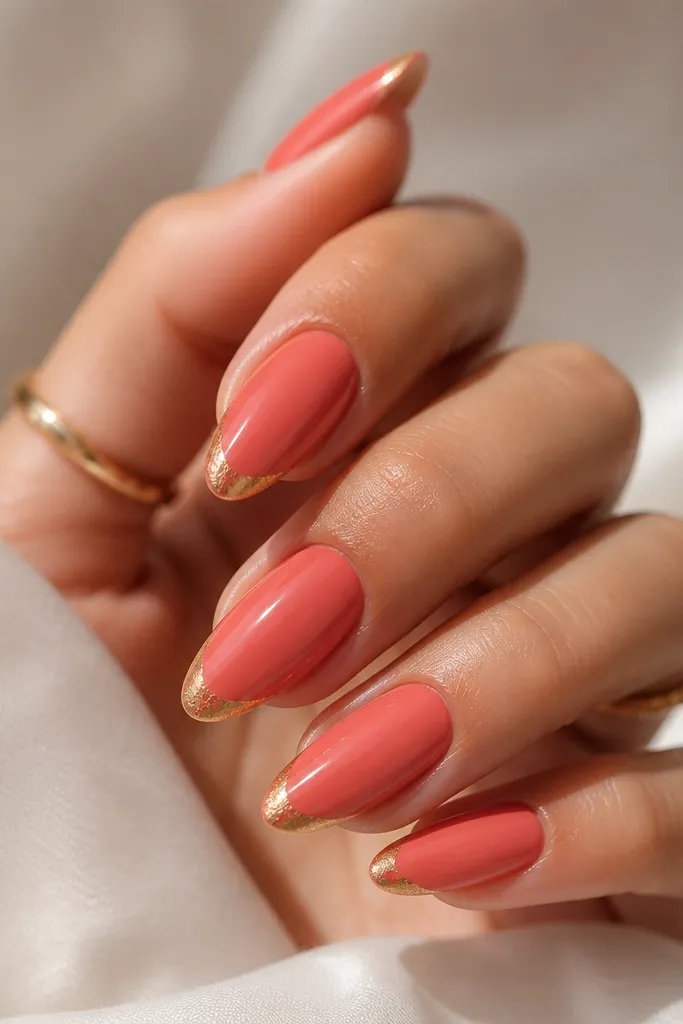 Almond nails with a coral base; at the free edge there is a thin strip of gold foil overlapping slightly, glossy top coat.