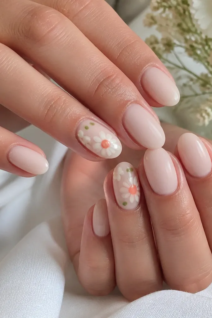Milky nude almond nails with a coral daisy on two accent nails: white petals with coral center, tiny green dot leaves, glossy finish.