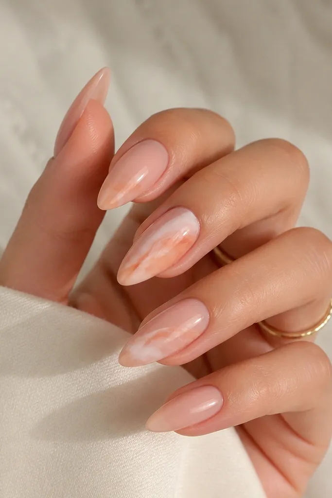 Almond nails with sheer nude base; two accent nails have peach marble swirls with white streaks, while other nails are plain nude, glossy top coat.